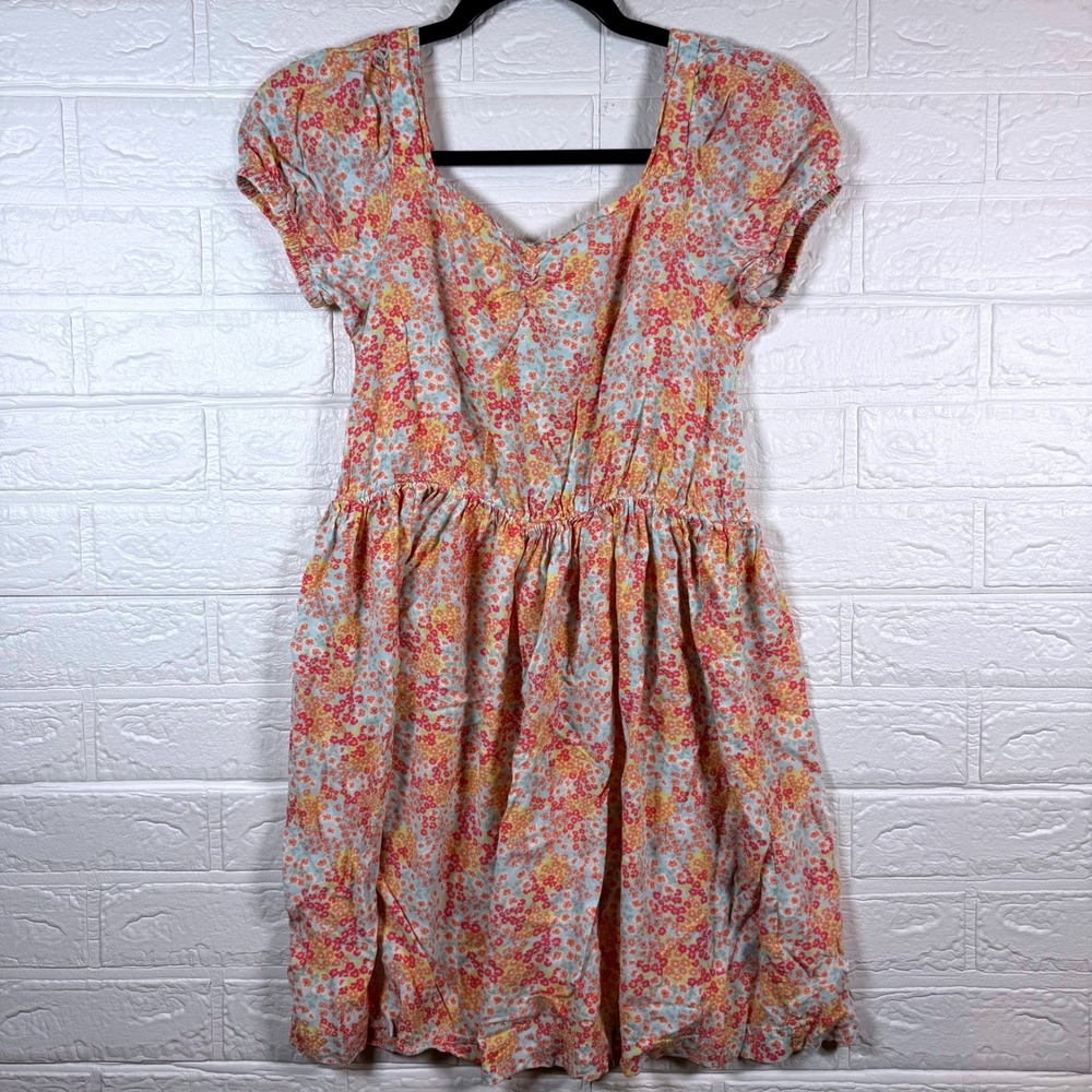 Roxy Floral Dress Kids Size (14/16) Multicolor Smocked Back Puff Sleeve